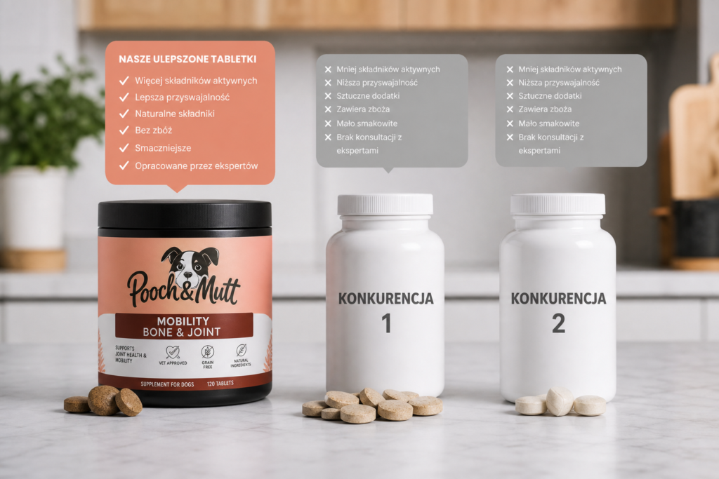 Nasze nowe, ulepszone tabletki na stawy – Pooch & Mutt na tle konkurencji